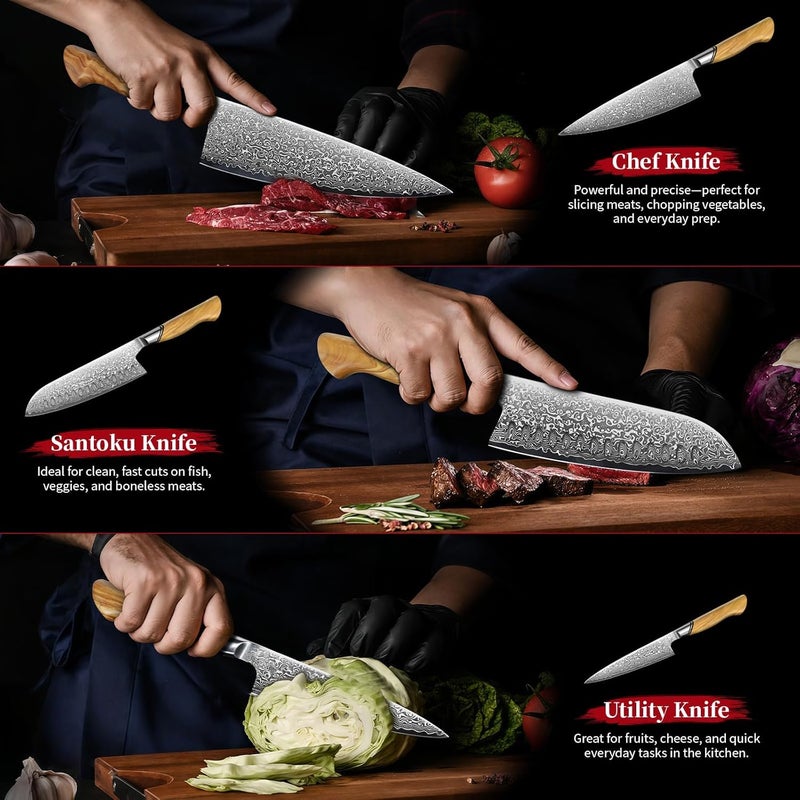 Tivoli Damascus Kitchen Knife Set,3 PCS Japanese Chef Knife Set,VG-10 Damascus Santoku Paring Knife with Olive Wood Handle,Ideal Gift - Image 5